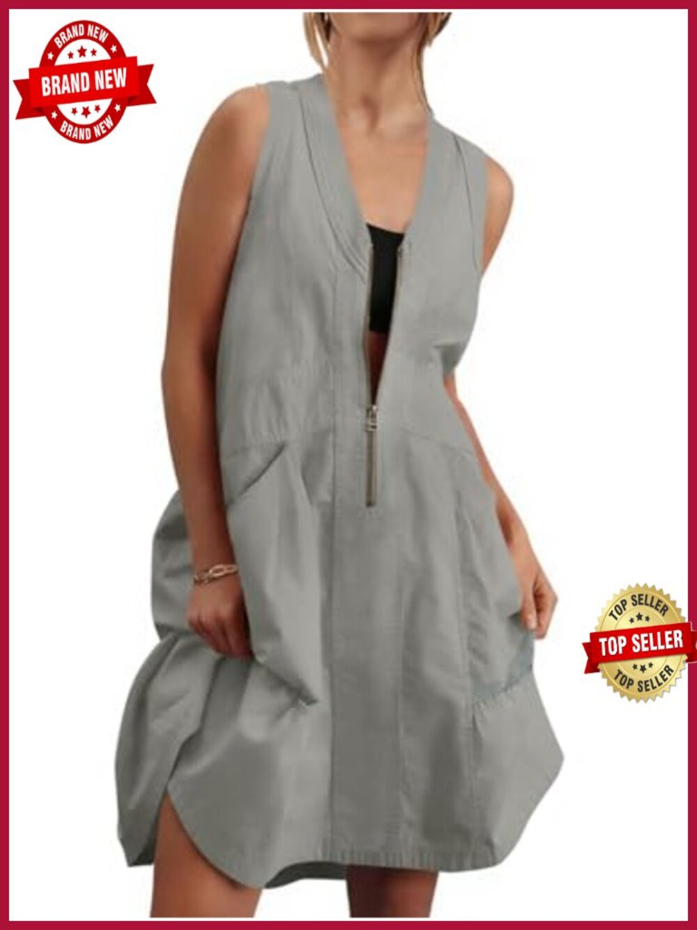 Women's Sleeveless Half Zip V Neck Mesh Back Mini Dress